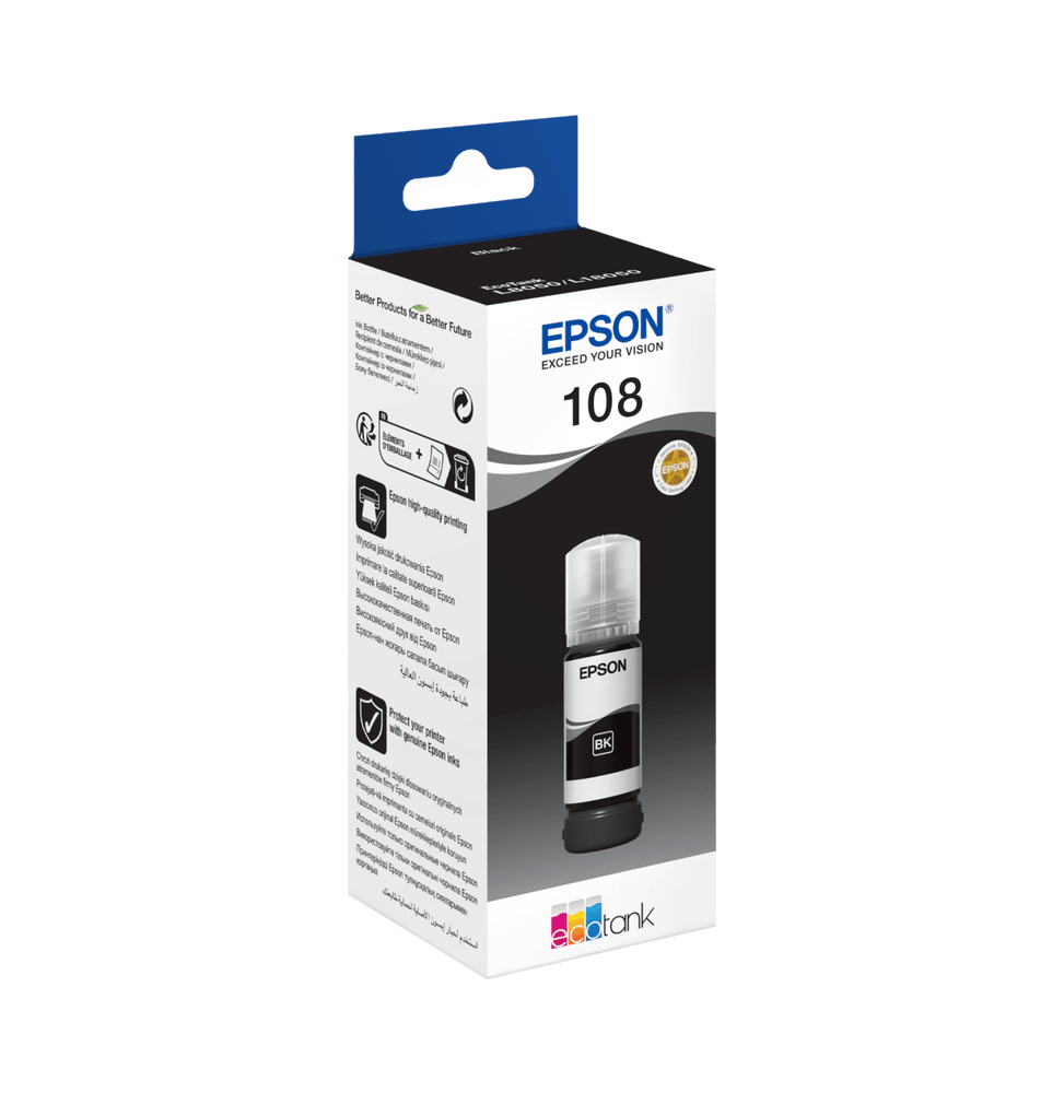 Epson 108 Noir - Bouteille d'encre Epson EcoTank d'origine (C13T09C14A) - Logically