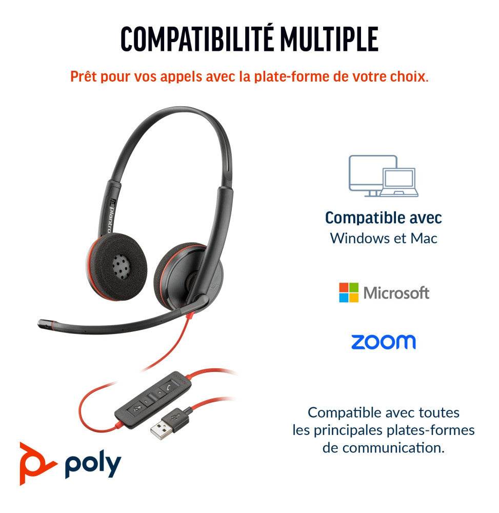 Casque POLY Blackwire 3220 stéréo USB-C + adaptateur USB-C/A (8X228AA) - Logically