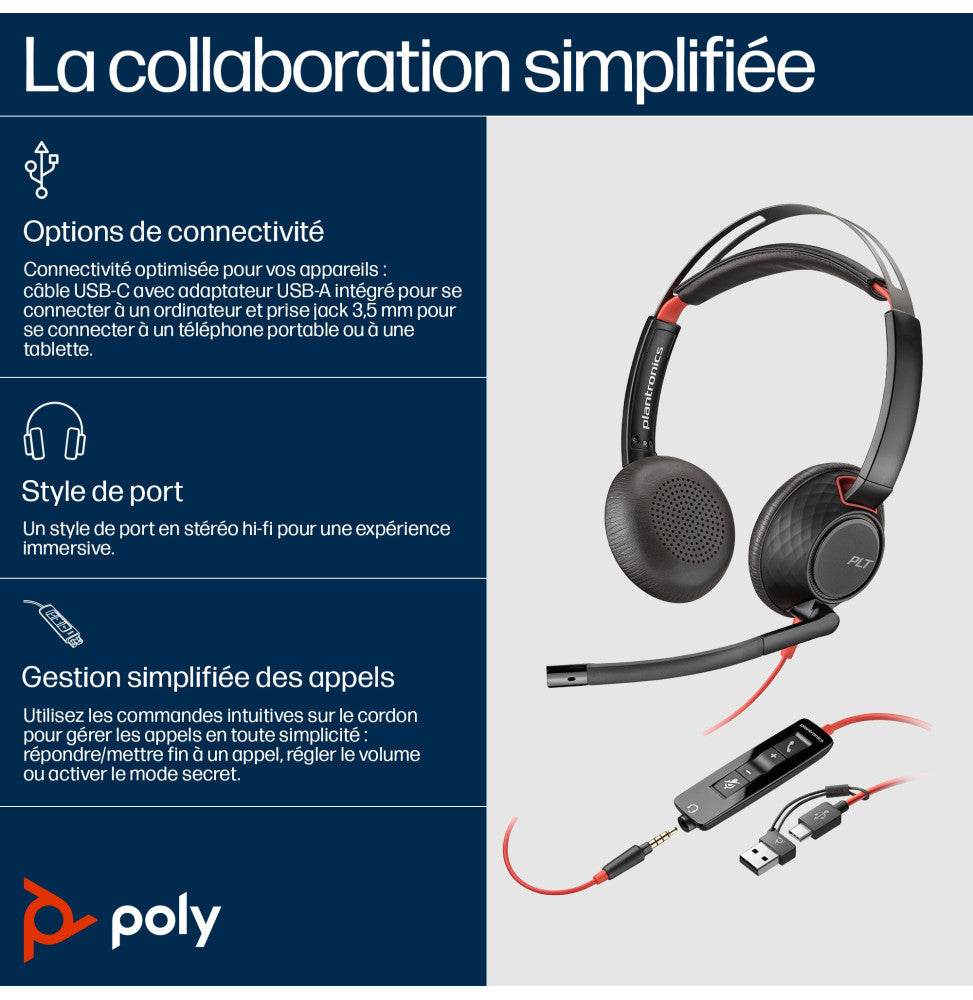 Micro-casque Poly Blackwire 5220 stéréo USB-C + adaptateur USB-C/A (8X231AA) - Logically