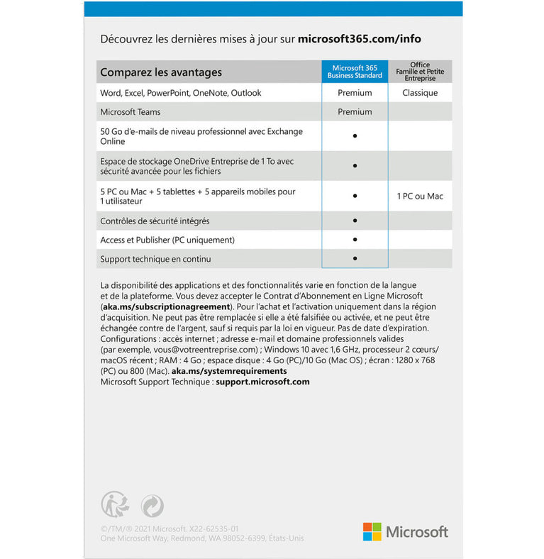 Microsoft 365 Business Standard Français - 1 an - 5 PC 1 utilisateur (KLQ-00667)