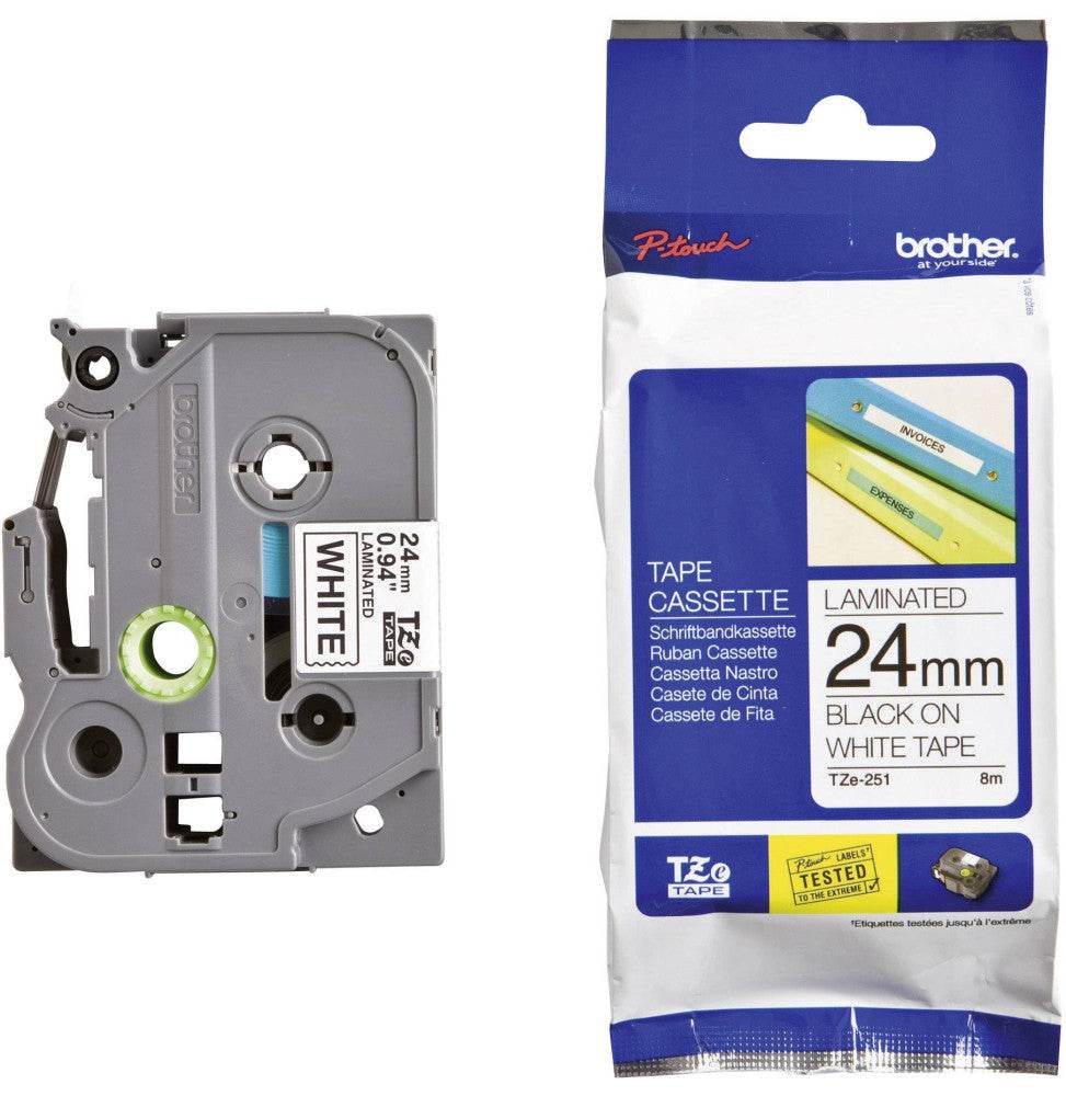 Cassette à ruban Brother TZe-251 - Noir sur blanc, 24 mm de large / 8 m de long - Logically