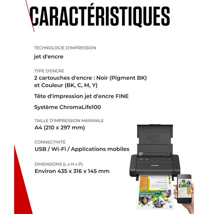 imprimante portable jet d'encre Canon APR25-BX110 Couleur MFP 4en1 A4 Wifi (7069C027AA)