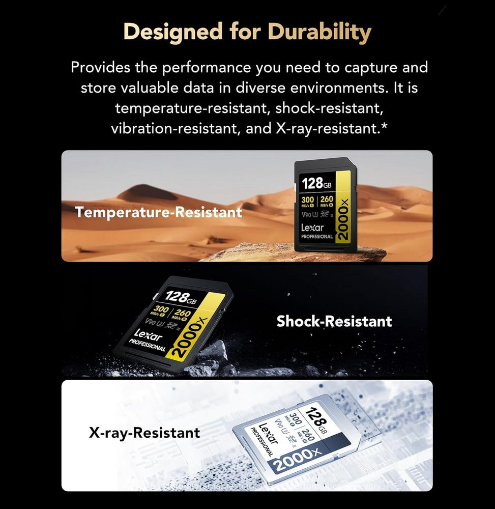 Carte SD Lexar Professional 2000x GOLD SDXC UHS-II 128 Go 300MB/s (LSD2000128G-BNNNG)