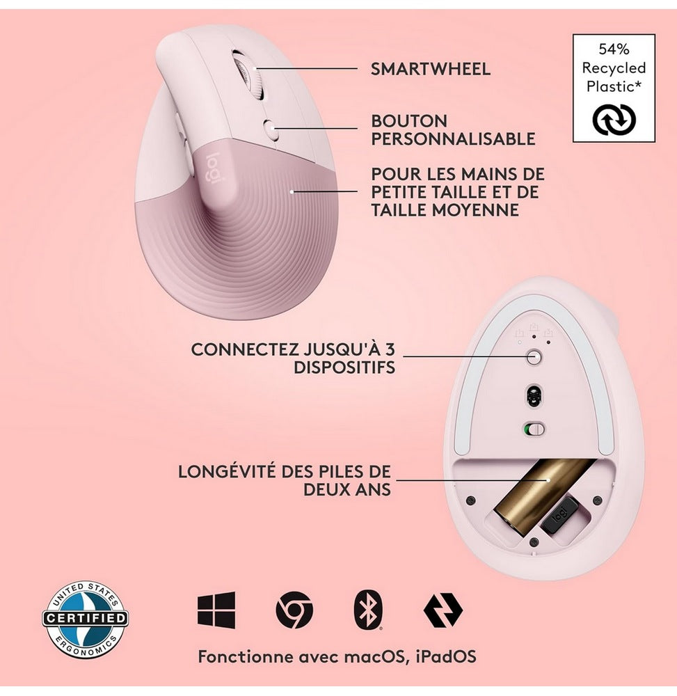 Souris Logitech Lift Vertical Ergonomic Sans fil- ROSE (910-006478)