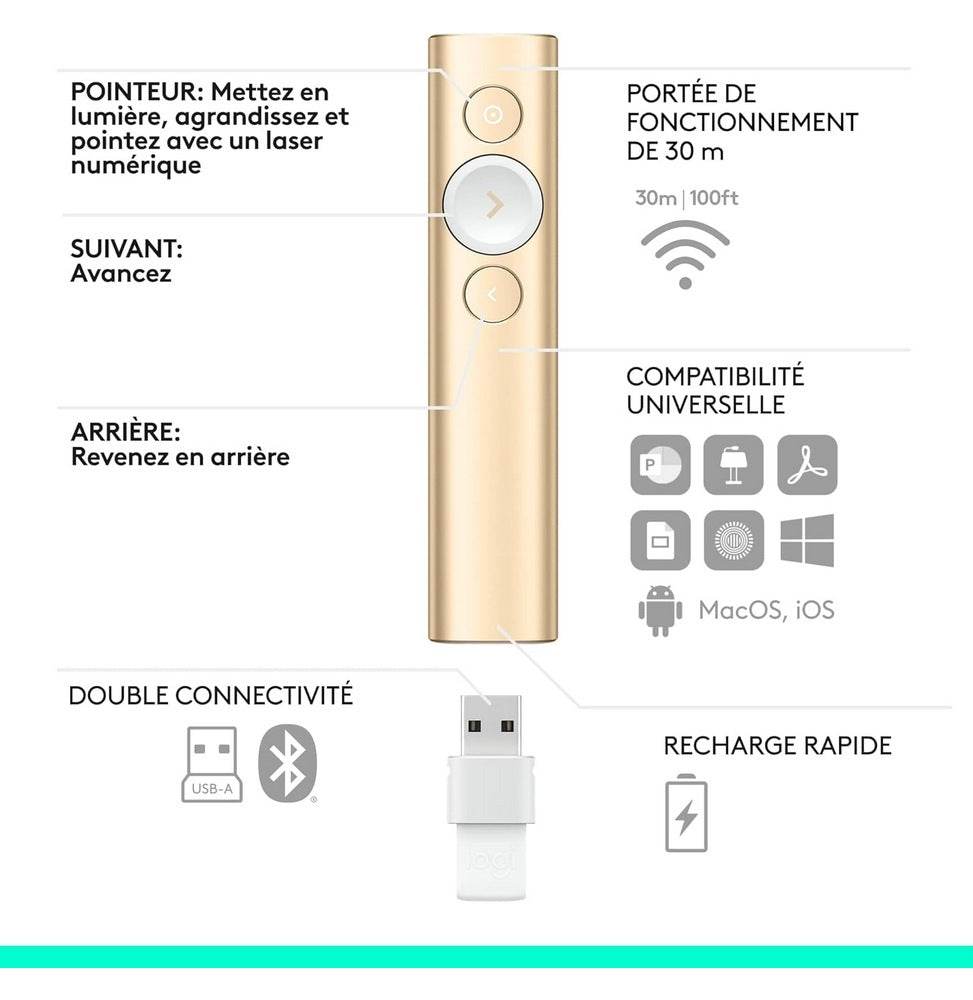 Télécommande de présentation Logitech Wireless Presenter Spotlight Gold (910-004862) - Logically