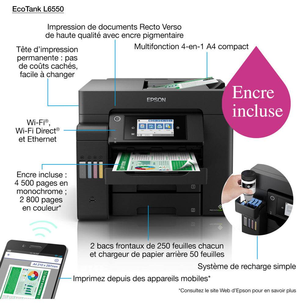 Epson EcoTank L6550 Imprimante multifonction à réservoirs rechargeables (C11CJ30403) - Logically