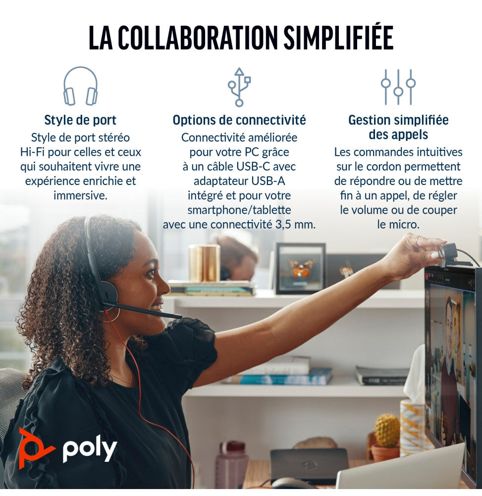Micro-casque POLY Blackwire 3225 stéréo USB + Connexion 3,5 mm (8X229AA)