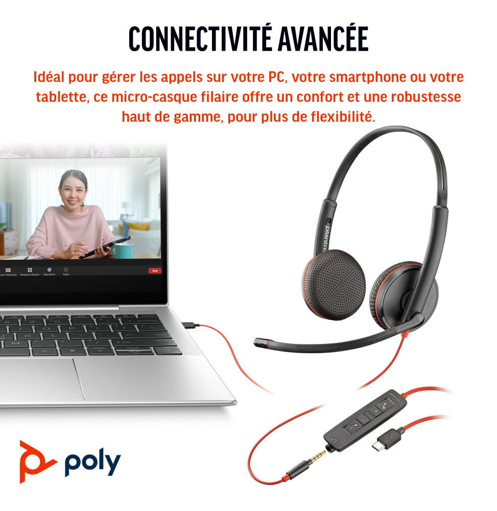 Micro-casque POLY Blackwire 3225 stéréo USB + Connexion 3,5 mm (8X229AA)