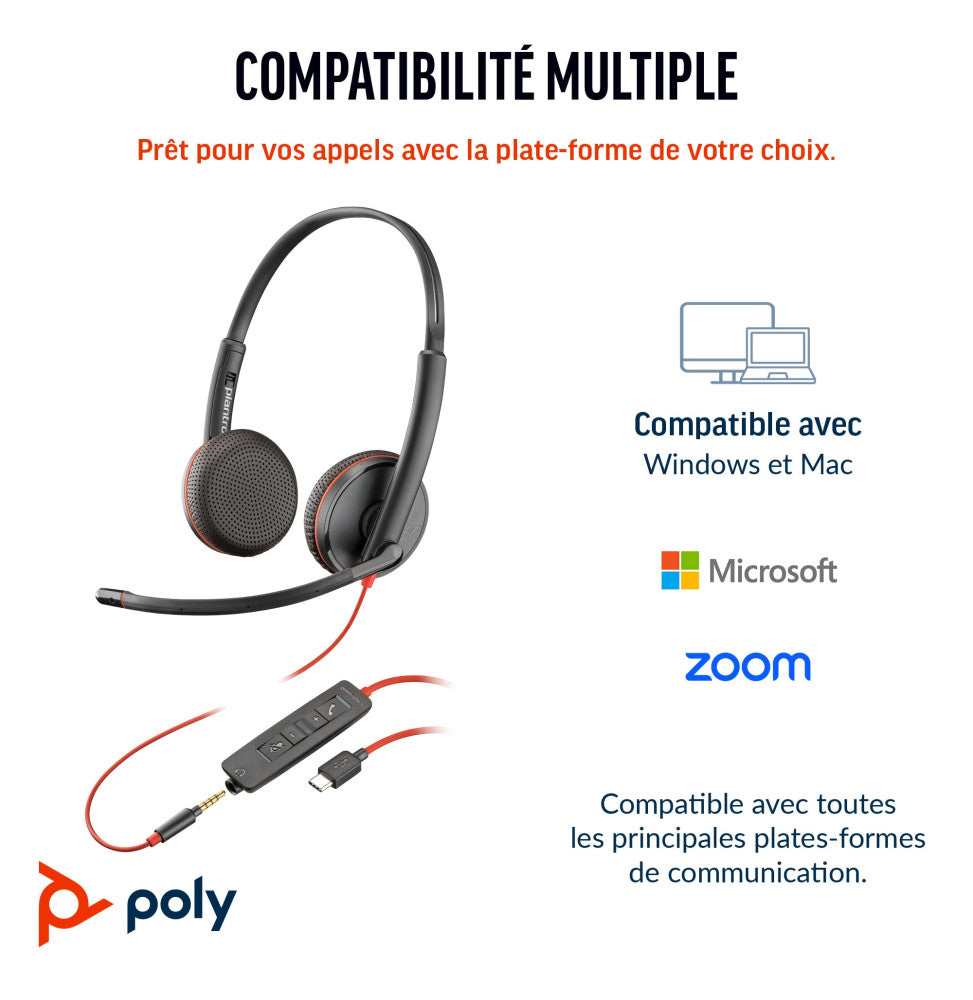 Micro-casque POLY Blackwire 3225 stéréo USB + Connexion 3,5 mm (8X229AA)