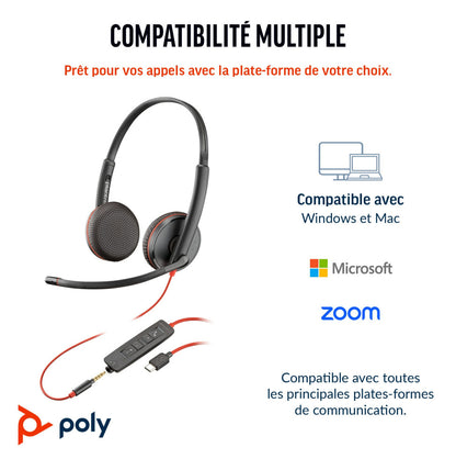 Micro-casque POLY Blackwire 3225 stéréo USB + Connexion 3,5 mm (8X229AA)