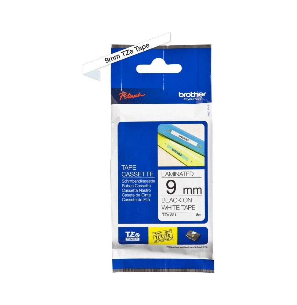 Cassette à ruban Brother TZe-221 - Noir sur blanc, 9 mm de large